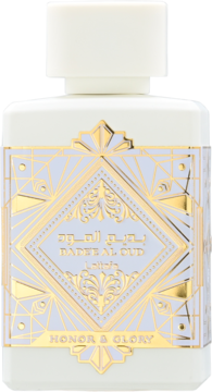 Lattafa Bade'e al Oud Honor & Glory, biała butelka unisex EDP ze złotym, geometrycznym wzorem z przodu.