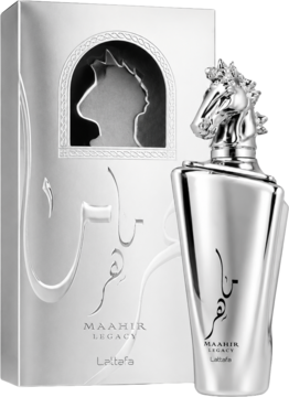 Srebrne perfumy Lattafa Maahir Legacy z korkiem-głową konia, obok lśniące pudełko z wytłoczeniami.