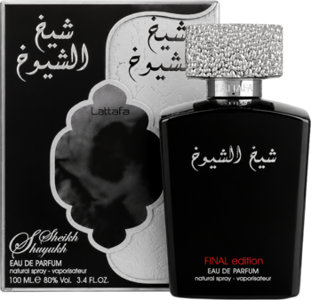 Lattafa Sheikh Al Shuyukh Eau de Parfum, czarna butelka "FINAL edition" ze srebrną zakrętką, na tle pudełka.