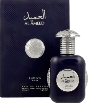 Al Ameed Lattafa EDP 100ml, ciemnoniebieska butelka z ozdobną srebrną nakrętką, obok dopasowane pudełko.