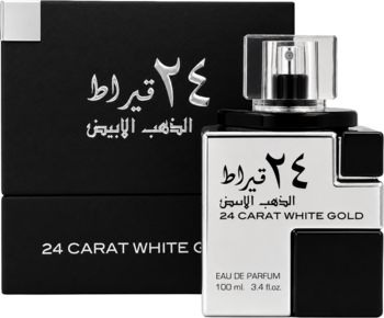 Perfumy Lattafa 24 Carat White Gold: biała butelka z czarnym akcentem obok eleganckiego czarno-białego pudełka.