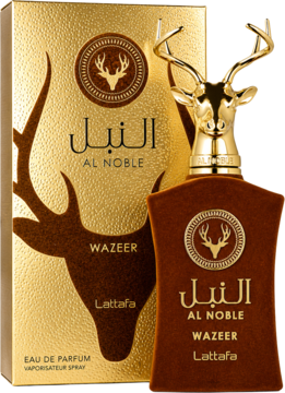 AL NOBLE WAZEER Lattafa orientalne perfumy, brązowa butelka z złotą nakrętką w kształcie głowy jelenia, obok złote pudełko.