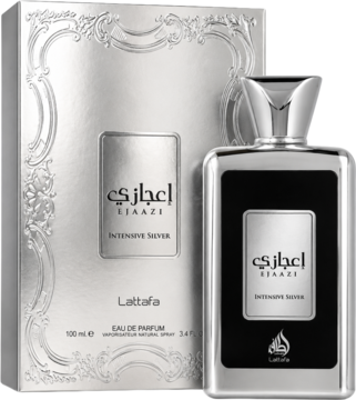 Widok frontalny perfum Lattafa Ejaazi Intensive Silver. Srebrna butelka z czarnym panelem, obok ozdobne pudełko.
