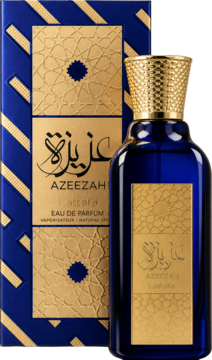Lattafa Azeezah Eau de Parfum: ciemnoniebieska butelka ze złotą nakrętką i pudełkiem, widok z przodu.