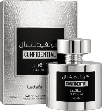 Lattafa Confidential Platinum woda perfumowana, srebrny teksturowany flakon i pudełko z czarnymi etykietami.