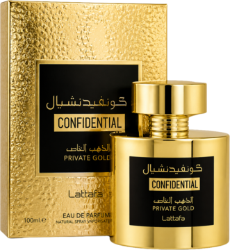 Złoty flakon perfum Lattafa Confidential Private Gold EDP 100ml z czarną etykietą, przed złoto-czarnym pudełkiem.