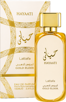 Lattafa Hayaati Gold Elixir, złota butelka EDP z jasnobrązowym płynem, obok biało-złotego pudełka.