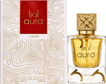 Woda perfumowana Lattafa Aura unisex. Białe pudełko ze złotym wzorem i butelka z płynem, złotym korkiem, widok z przodu.