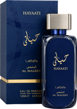 Lattafa Hayaati Al Maleky, pikantno-orientalna woda perfumowana 100ml, butelka i pudełko z boku, na ciemnym tle.