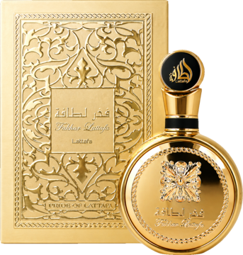 Złoty flakon perfum Lattafa Fakhar Extrait z czarnym korkiem obok ozdobnego pudełka, ujęcie z przodu.