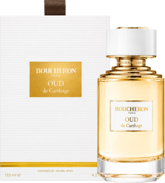 Boucheron Oud de Carthage woda perfumowana 125ml, złota butelka i białe pudełko ze złotą etykietą, widok z przodu.