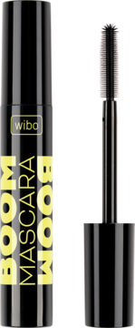 Czarna maskara WIBO Boom Boom, otwarta z widoczną silikonową szczoteczką, żółte napisy na tubie.