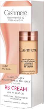 Cashmere Nawilżający BB Cream Nude Vanilla, białe pudełko z grafiką beżowej butelki, widok frontu.