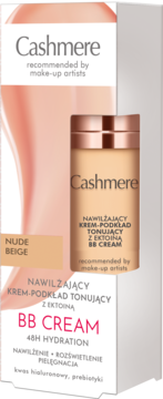 Cashmere BB Cream Nude Beige, nawilżający krem-podkład tonujący, z kwasem hialuronowym. Widok przodu opakowania.
