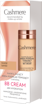 Cashmere BB Cream Nude Sand w białym opakowaniu i beżowej butelce, nawilżający i tonujący, widok z przodu.