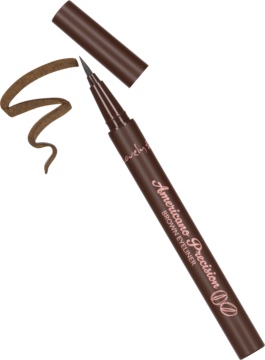 Eyeliner Lovely Americano Precision w brązowym pisaku z wysuniętą cienką końcówką, ujęcie ukośne.