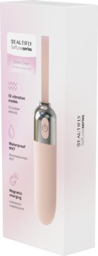 Masażer Beautifly Sleek Cheer w beżowym kolorze, widoczny w przezroczystym oknie białego opakowania, z funkcją 10 wibracji.