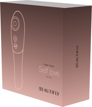 Różowo-złote pudełko stymulatora Beautifly Finger Tickler Self love, widok pod kątem, z ilustracją produktu na froncie.