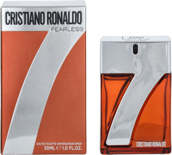 Cristiano Ronaldo CR7 Fearless woda toaletowa 30ml, pomarańczowo-srebrne pudełko i butelka '7'.