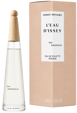 Issey Miyake L'Eau d'Issey Eau & Magnolia Intense EDT, przezroczysta butelka z drewnianym korkiem, obok beżowe opakowanie.