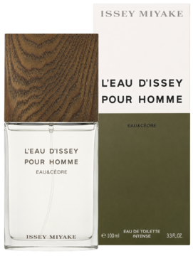 Issey Miyake L'Eau d'Issey Pour Homme Eau & Cèdre, drzewna woda toaletowa, butelka z drewnianą nakrętką i zielone pudełko.