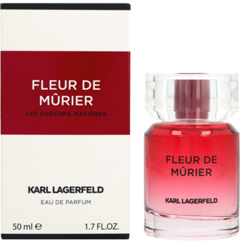 Karl Lagerfeld Fleur De Murier Eau De Parfum. Białe pudełko i szklana butelka z czerwoną zawartością, widok z przodu.