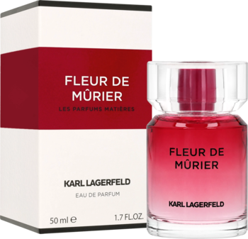Karl Lagerfeld Fleur De Murier EDP 50ml, czerwono-różowa butelka i białe pudełko z napisem, widok przodem.