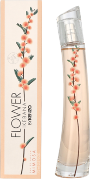 Kenzo Flower Ikebana Mimosa: butelka EDP z płynem i kwiatową grafiką, obok pasujące pudełko.