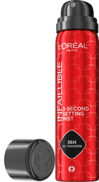 Czerwony spray L'Oréal Paris Infaillible 3-Second Setting Mist 36H No Transfer z czarną nakładką obok.