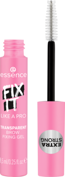 Różowy żel Essence Fix It Like a Pro Transparent Brow Fixing Gel z odkręconą nasadką i szczoteczką, widok z przodu.