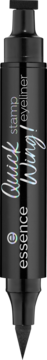 Czarny, dwustronny eyeliner Essence Quick Wing, pionowo, z holograficznym napisem i końcówką stempla.