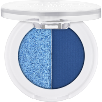 Essence Soft Touch Duo cień Icy Girl, otwarty, z błyszczącym i matowym błękitem w białym opakowaniu.