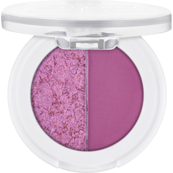 Essence Soft Touch Duo Berry Crush: otwarta okrągła paletka z różowym matowym i brokatowym cieniem do powiek.