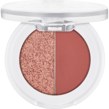 Otwarte podwójne cienie Essence Soft Touch Duo Bronze Beauty: błyszczący brąz i matowy koral w białym kompakcie.