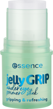 Sztyft Essence Jelly Grip under-eye primer, przezroczysto-zielony, z niebieskim napisem, widok z przodu.