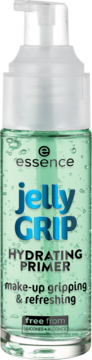 Essence Jelly Grip Hydrating Primer, zielona żelowa baza pod makijaż w przezroczystej butelce z pompką, widok z przodu.