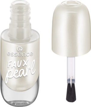 Essence Faux Pearl żelowy lakier do paznokci, perłowy biały, butelka z otwartym pędzelkiem.