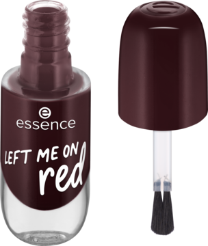 Ciemnoczerwony lakier żelowy Essence nr 72 Left Me On Red, butelka i oddzielony pędzelek.