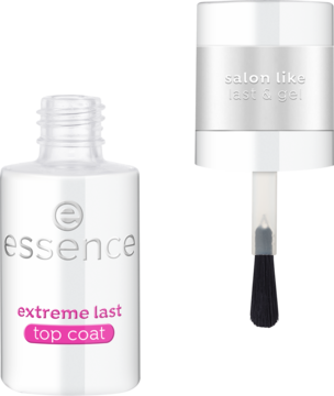 Essence Extreme Last Top Coat w przezroczystej butelce, z widocznym białym pędzelkiem, dla lśniącego żelowego manicure.