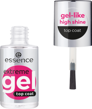 Srebrne butelki top coatu Essence Extreme Gel z różowym napisem i pędzelkiem. Widoczna też druga butelka "gel-like high shine".