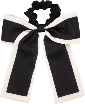 Czarna gumka scrunchie z dużą kokardą z białym obszyciem, widok z przodu, elegancki dodatek do włosów.