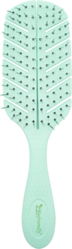 Mint green Biofriendly biodegradable hairbrush with ergonomic handle, black nylon bristles, and ventilated head, front view.