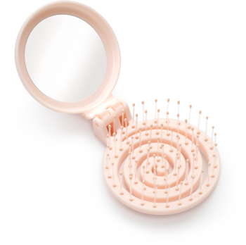 Otwarta, jasnoróżowa, składana mini szczotka do włosów z lusterkiem i okrągłym, spiralnym grzebieniem, widok z góry.