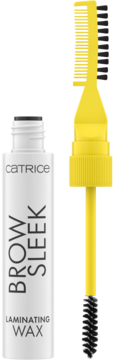 Catrice Brow Sleek Laminating Wax w białej butelce i osobny żółty aplikator z grzebykiem i szczoteczką.