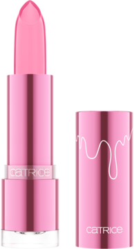 Balsam Catrice Soft Glaze Glow Lip Balm 010, różowy, z otwartą, metaliczną tubką i nakrętką z białym wzorem kropli.