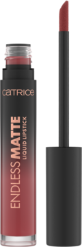 Catrice Endless Matte Liquid Lipstick, matowa, w odcieniu czerwonego brązu, otwarta butelka z wyjętym aplikatorem.
