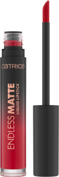 Czerwona matowa pomadka w płynie Catrice Endless Matte Liquid Lipstick w czarno-czerwonej butelce z aplikatorem, widok z przodu.