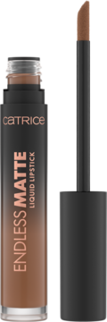 Matowa pomadka w płynie Catrice Endless Matte Truly Yours, ciemny beż, z aplikatorem obok.