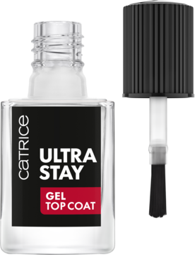 Catrice Ultra Stay Gel Top Coat, przezroczysta butelka z czarną etykietą, widok z przodu z odkręconym pędzelkiem.