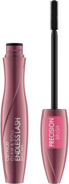 Bordowy tusz Catrice Glam & Doll Endless Lash z precyzyjną szczoteczką obok tubki, widok z przodu.